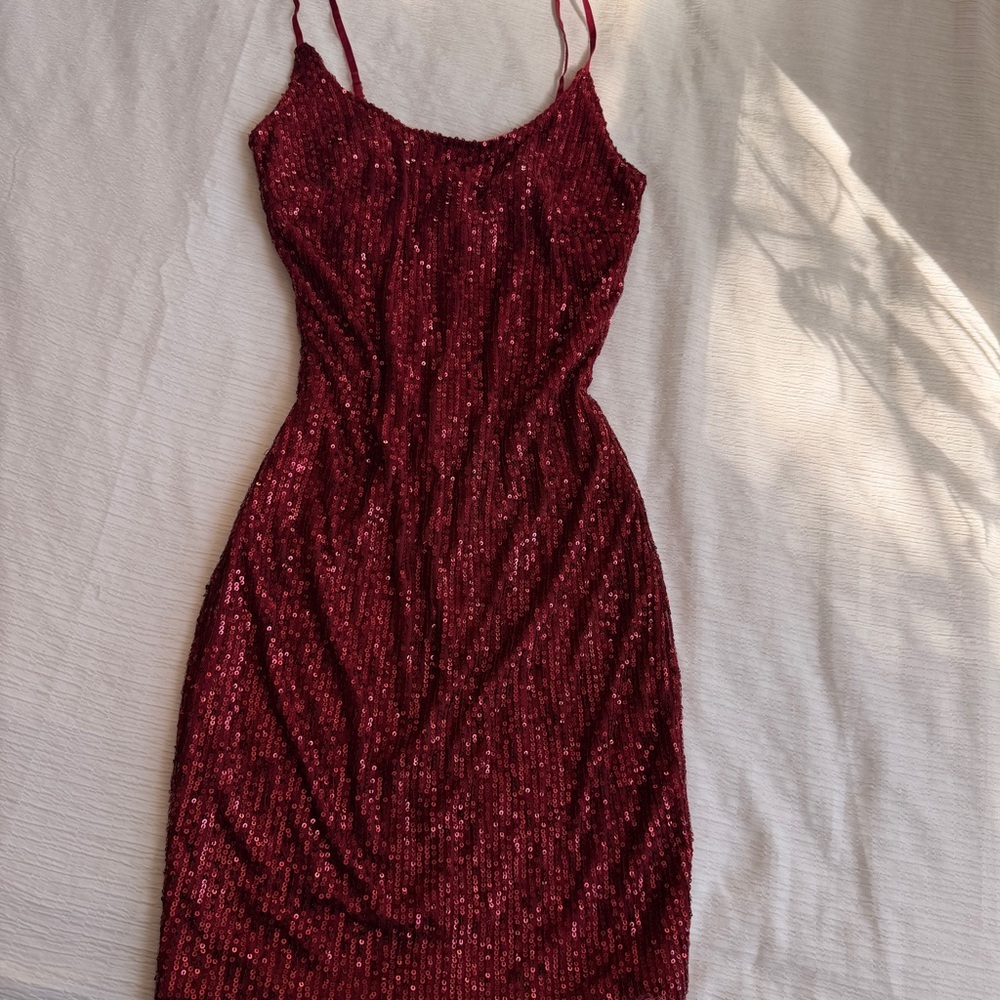 Fashion Nova Women's Burgundy Sequin Slip Dress